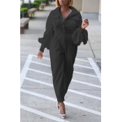 Lovely Trendy Pocket Patched Black One-piece Jumps