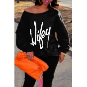 Lovely Casual Letter Printed Black Sweatshirt Hood