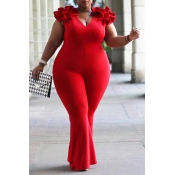 Lovely Casual V Neck Red Plus Size One-piece Jumps