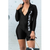 Lovely Casual Letter Printed Black One-Piece Rompe