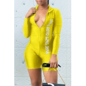 Lovely Casual Letter Printed Yellow One-Piece Romp