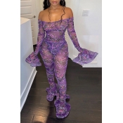 Lovely Sexy Dew Shoulder Purple One-piece Jumpsuit