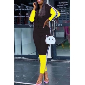 Lovely Street Hooded Collar Patchwork Black Two-pi