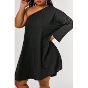Lovely Plus Size Casual One Shoulder Black Knee Le