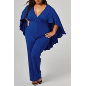 Lovely Casual Cloak Design Blue Plus Size One-piec