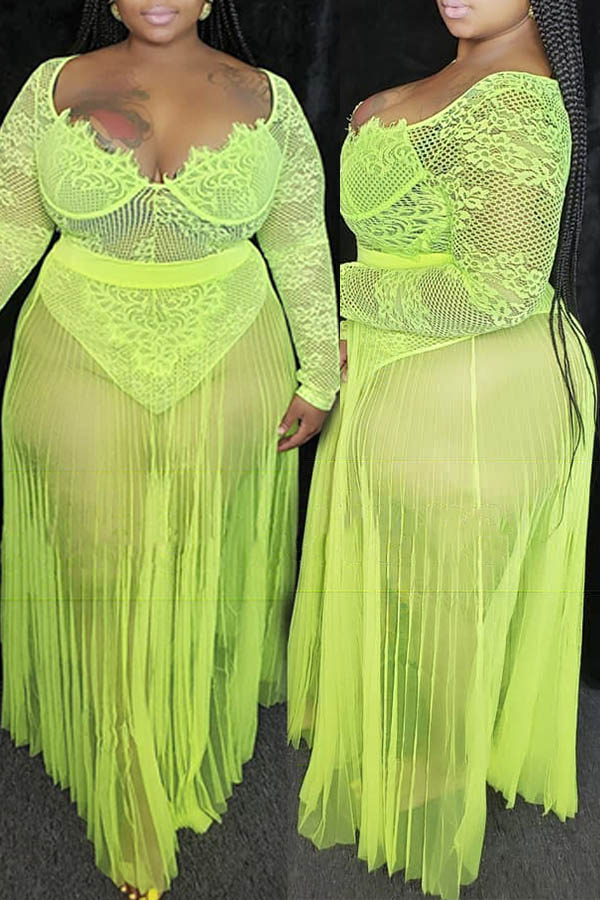 

Lovely Sexy See-through Yellow Plus Size Two-piece Skirt Set