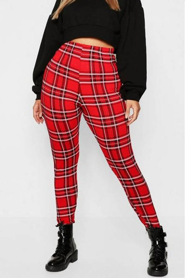 Lovely Casual Grid Printed Red Plus Size Pants