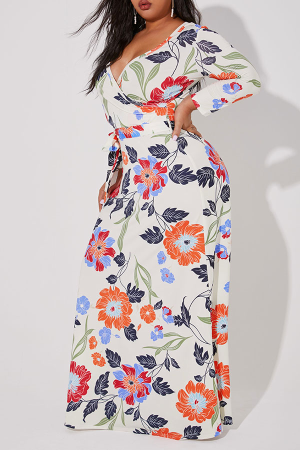 Lovely Casual Plants Print Apricot Maxi Plus Size Dress