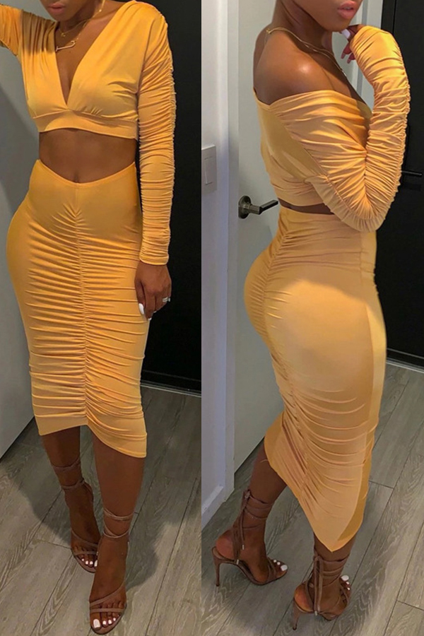 

Lovely Chic Ruffle Design Yellow Two-piece Skirt Set
