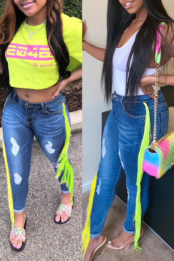 Lovely Leisure Tassel Design Baby Blue Jeans