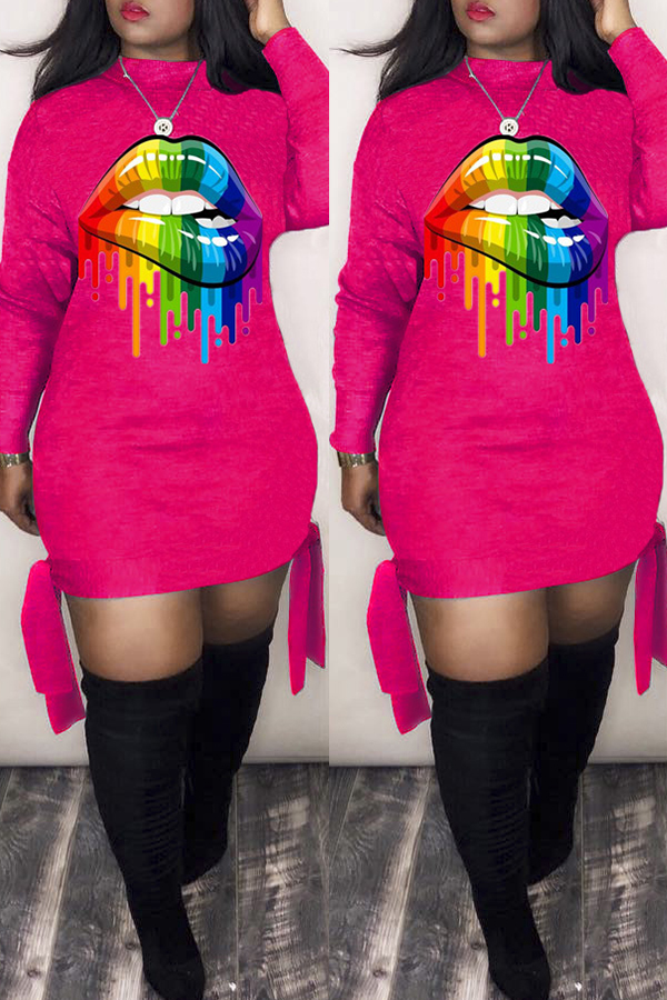 

Lovely Casual Lip Printed Rose Red Mini Dress