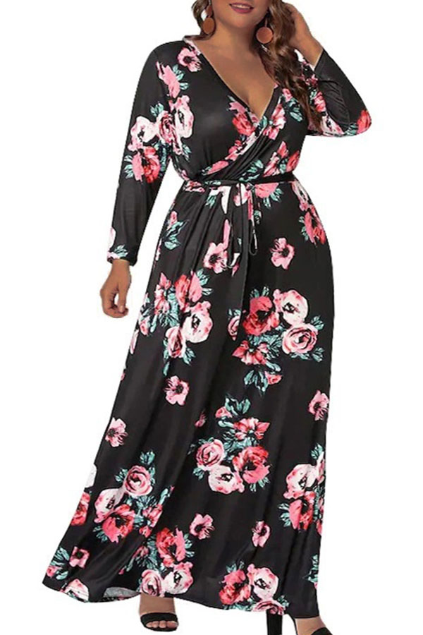 

Lovely Casual V Neck Floral Printed Pitch-black Ankle Length Plus Size Dress