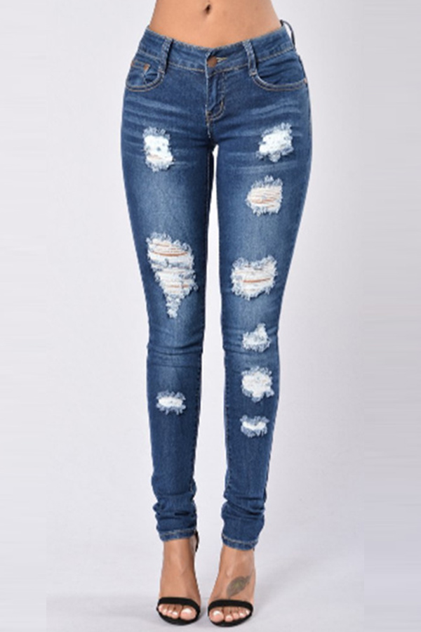 Lovely Leisure Broken Holes Blue Jeans