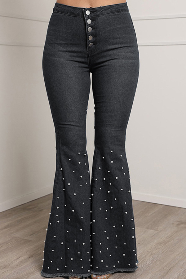 Lovely Casual High Waist Rhinestone Decoration Black Jeans