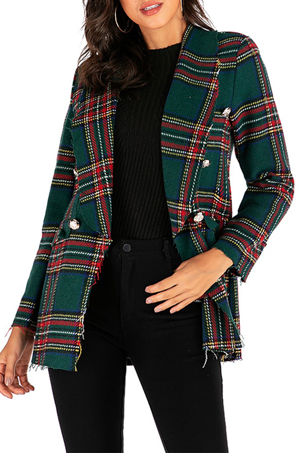 Cheap Blazer&Suits Lovely Casual Grid Printed Green Blazer