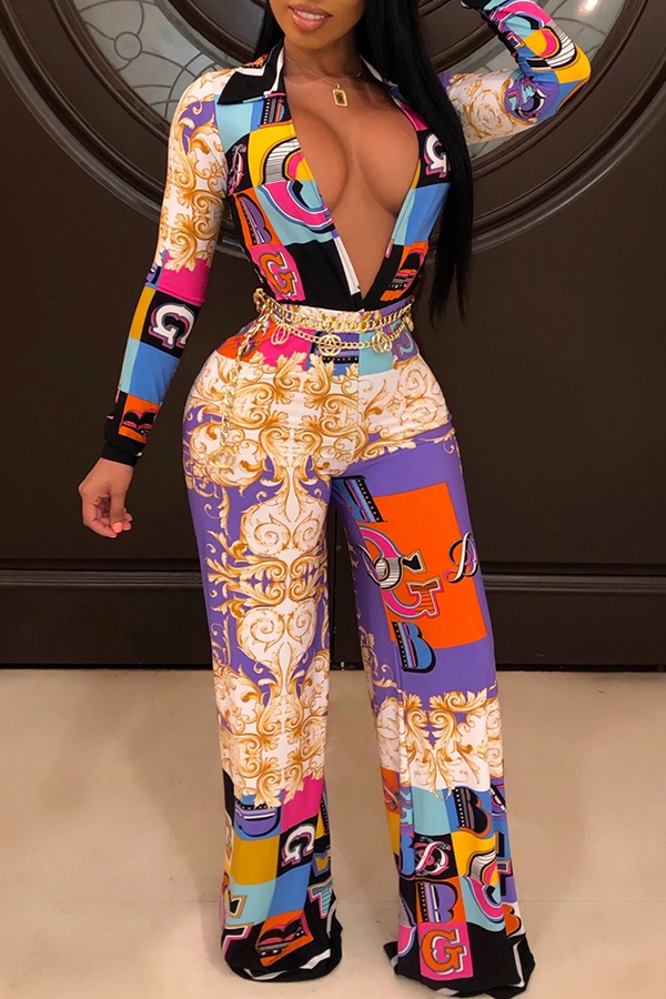 

Lovely Trendy Deep V Neck Multicolor One-piece Jumpsuit, Multi