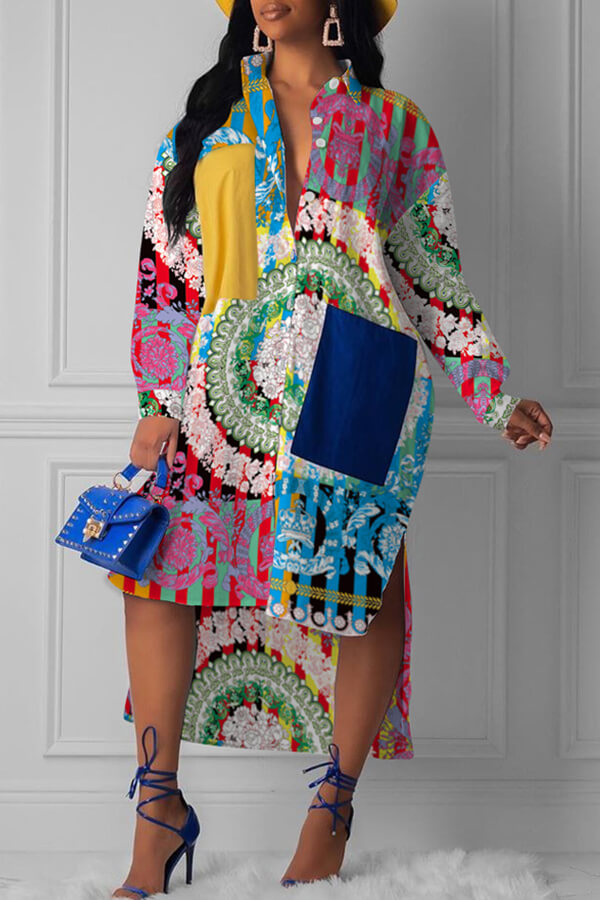 Lovely Trendy Turndown Collar Printed Multicolor Mid Calf Dress от Lovelywholesale WW