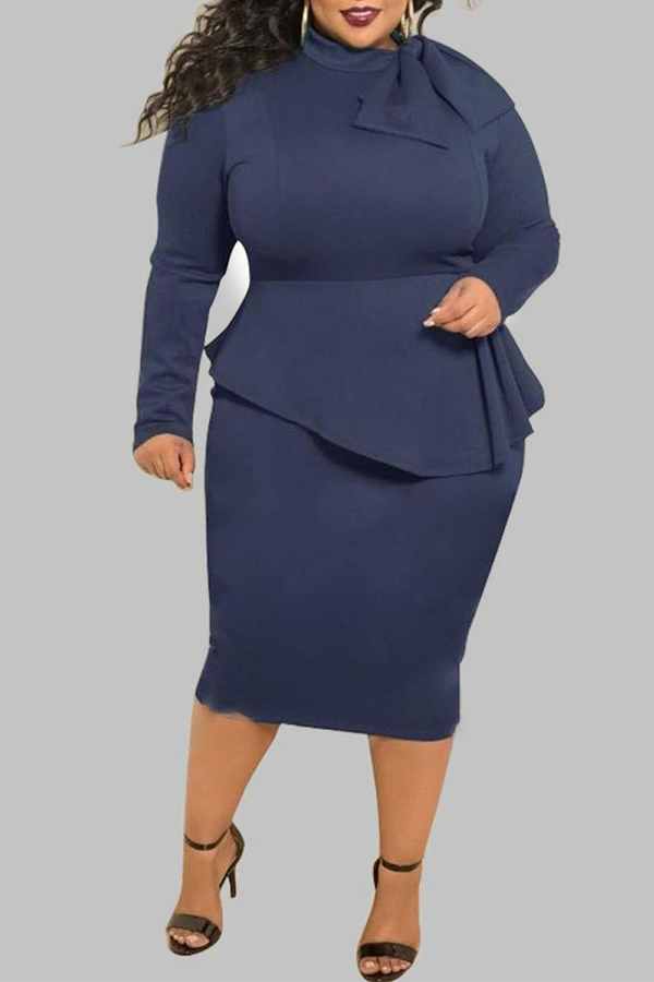 Cheap Plus Size Dress Lovely Trendy Flounce Design Deep Blue Knee Leng