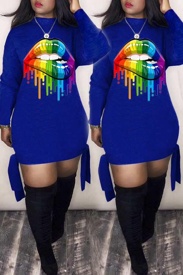 Lovely Casual Lip Printed Blue Mini Dress