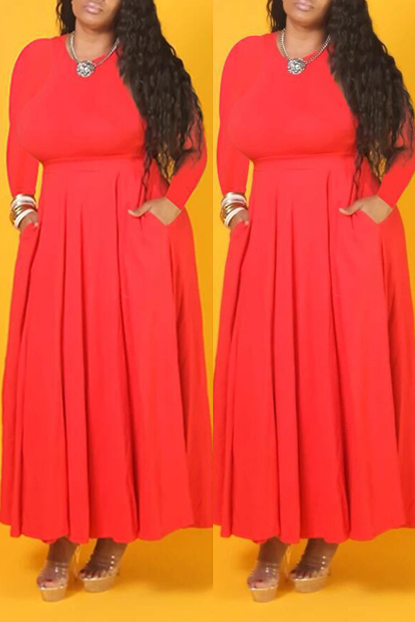 

Lovely Casual O Neck Ruffle Design Orange Ankle Length Plus Size Dress