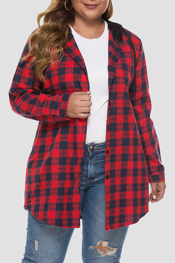 

Lovely Casual Hooded Collar Plaid Printed Red Plus Size Coat