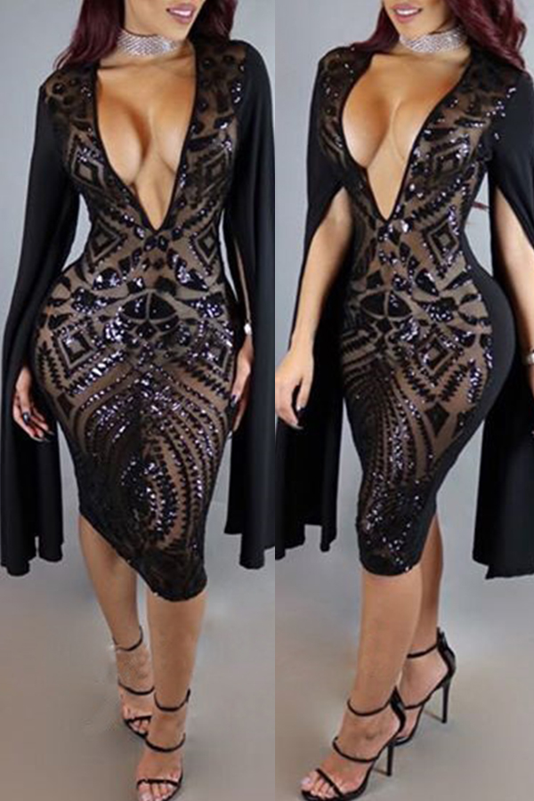 

Lovely Sexy Deep V Neck Black Patchwork Black Knee Length Dress