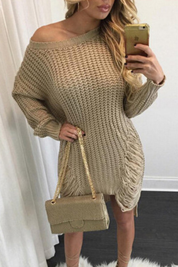 Lovely Trendy Asymmetrical Broken Holes Khaki Mini Dress