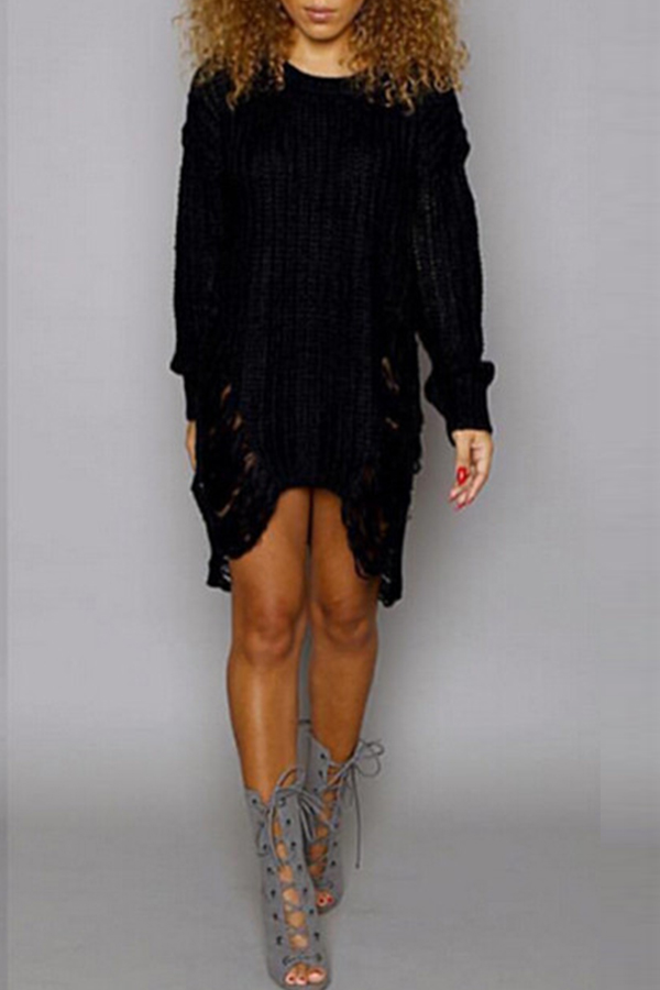 

Lovely Trendy Asymmetrical Broken Holes Black Mini Dress