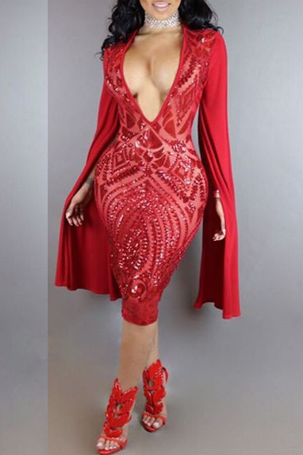 

Lovely Sexy Deep V Red Black Patchwork Red Knee Length Dress