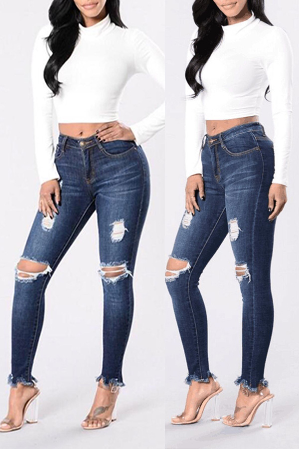 

Lovely Casual Broken Holes Deep Blue Jeans