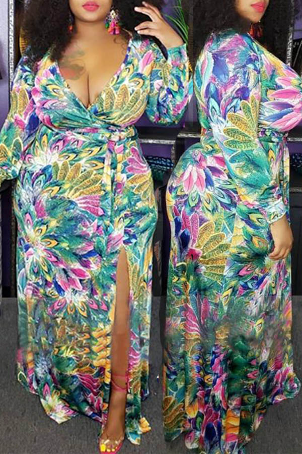 

Lovely Bohemian Floral Print Multicolor Maxi Plus Size Dress, Multi