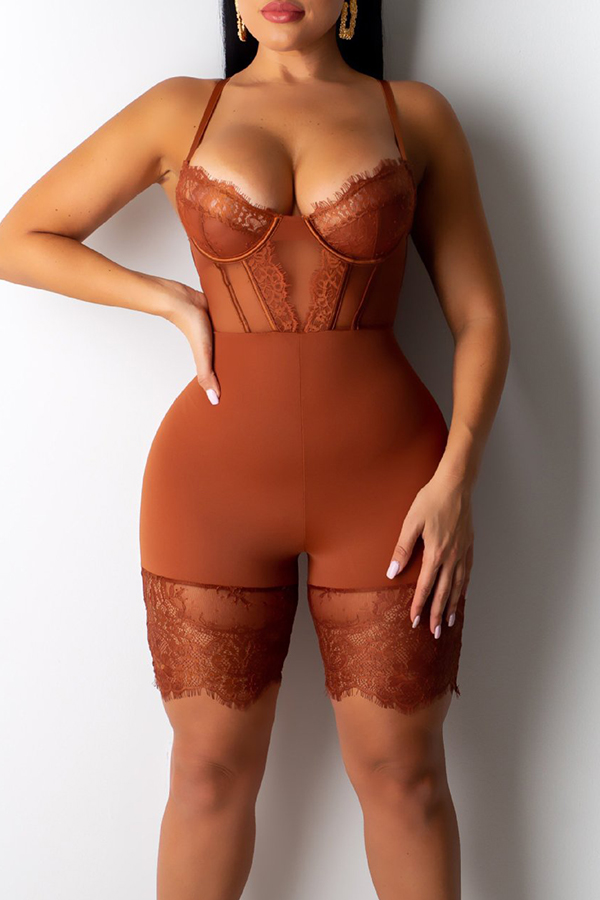 

Lovely Sexy Hollow-out Brown One-piece Romper