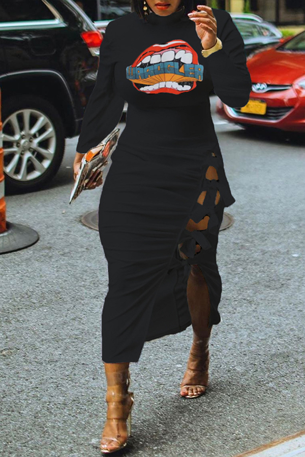 

Lovely Casual Hollow-out Black Mid Calf Dress