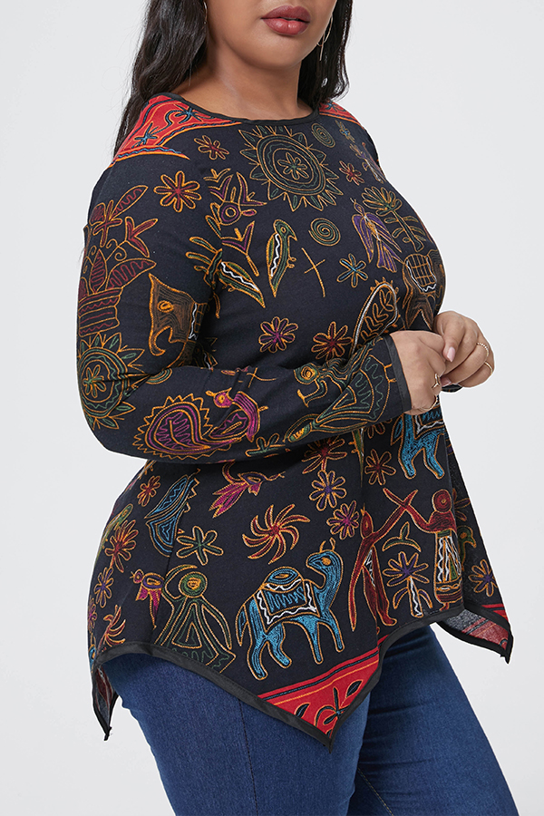 

Lovely Casual Printed Black Plus Size Blouse
