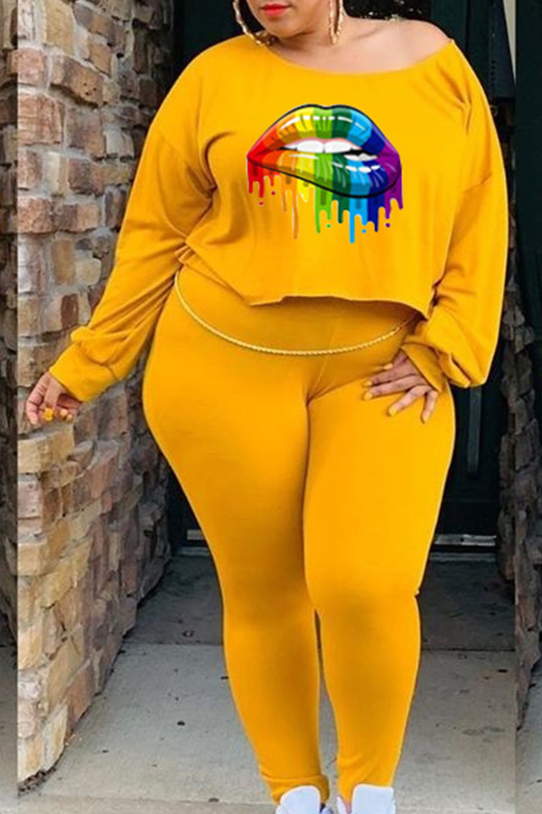 

Lovely Casual Lip Printed Yellow Plus Size Two-piece Pants Set