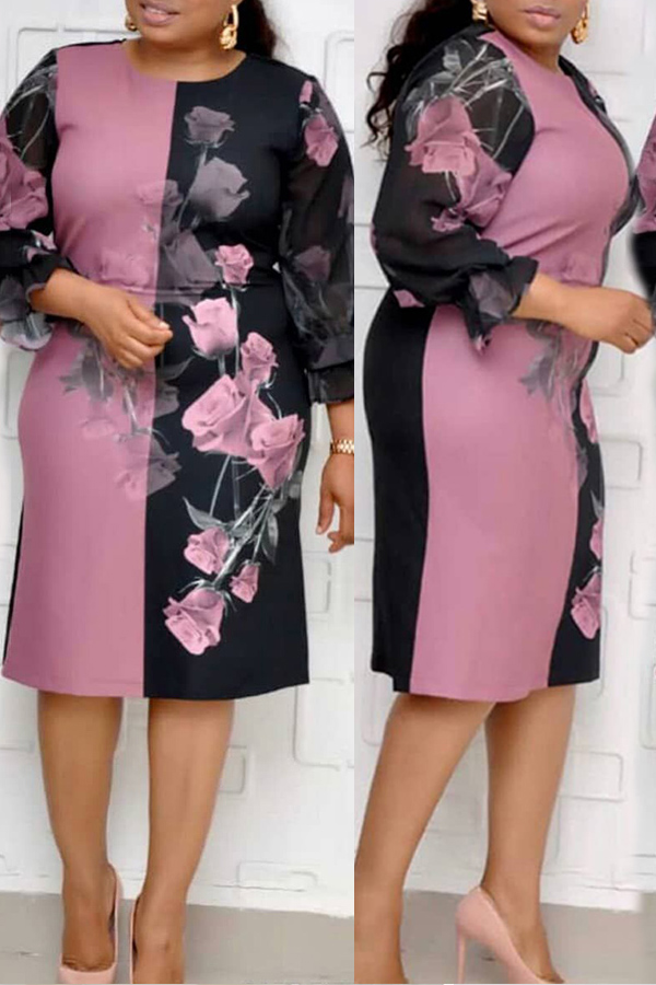 

Lovely Casual Printed Pink Knee Length Plus Size Dress