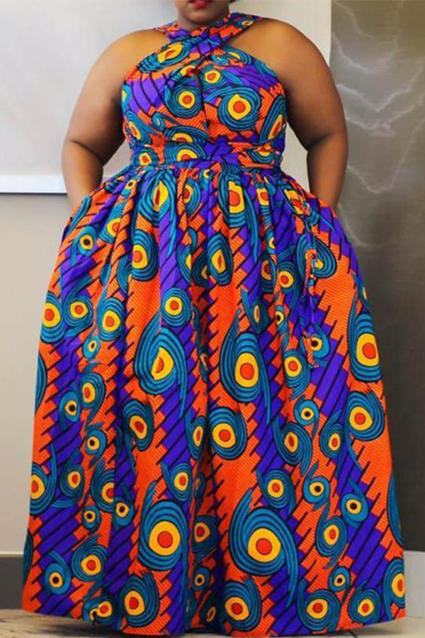 

Lovely Casual Printed Blue Floor Length Plus Size Dress