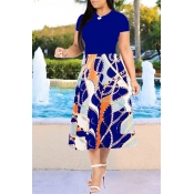 Lovely Casual Printed Blue Mid Calf Dress