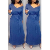 Lovely Casual V Neck Dark Blue Ankle Length Dress