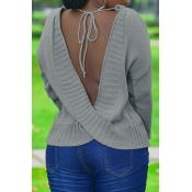 Lovely Trendy Backless Grey Sweater