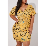 Lovely Casual V Neck Printed Yellow Plus Size Mini