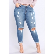 Lovely Plus Size Casual Hollow-out Skinny Blue Jea