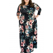 Lovely Casual O Neck Printed Black Floor Length Pl