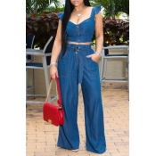 Lovely Casual Flounce Design Blue Two-piece Pants 