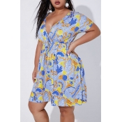 Lovely Casual Printed Baby Blue Plus Size Mini Dre