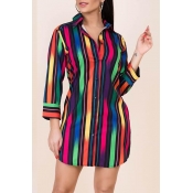 Lovely Casual Striped Rose Red Mini Shirt Dress
