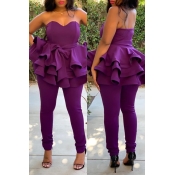 Lovely Sweet Flounce Design Purple Two-piece Pants