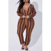 Lovely Casual Striped Brown Plus Size One-piece Ju