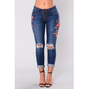 Lovely Trendy Embroidered Design Deep Blue Jeans