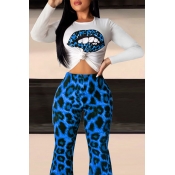 Lovely Casual Lip Printed Blue T-shirt